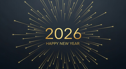 Happy new year 2026 greeting card with elegant golden burst
