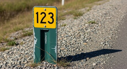 Roadside Sign Displaying Number 123 Standing Beside A Gravel Surface