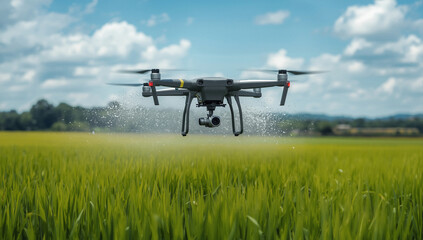 Large Agricultural Drone Spraying Mist Fertilizer Over Green Rice Paddy Field, Smart Farming Automation and Precision Agriculture