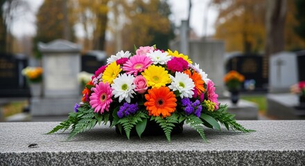 Floral arrangement brightens a somber occasion with colorful gerbera daisies in a memorial garden