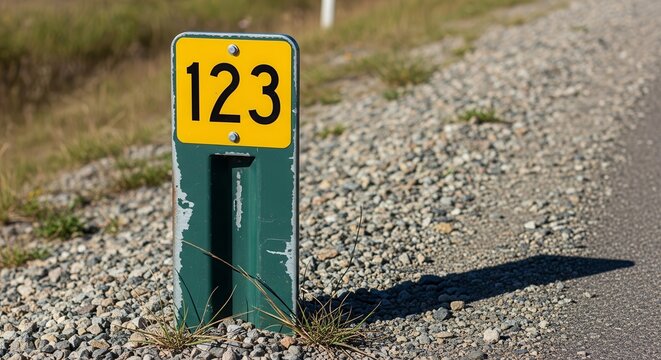 Roadside Sign Displaying Number 123 Standing Beside A Gravel Surface