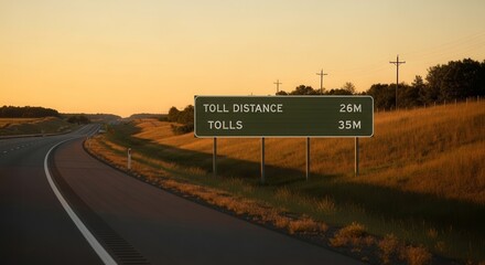 Roadside Sign Displaying Toll Information During A Golden Hour Sunset At Highway