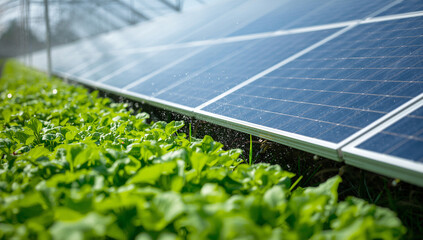 Close Up Solar Panels in Organic Vegetable Farm with Sprinkler System, Renewable Energy and Sustainable Agriculture Concept