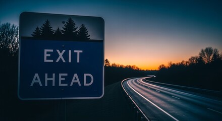 Roadside Sign Indicating Exit Ahead at Twilight with a Scenic Sunset View