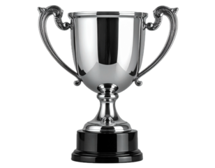 Elegant silver trophy cup isolated PNG, vintage style award for sports or achievement on transparent background