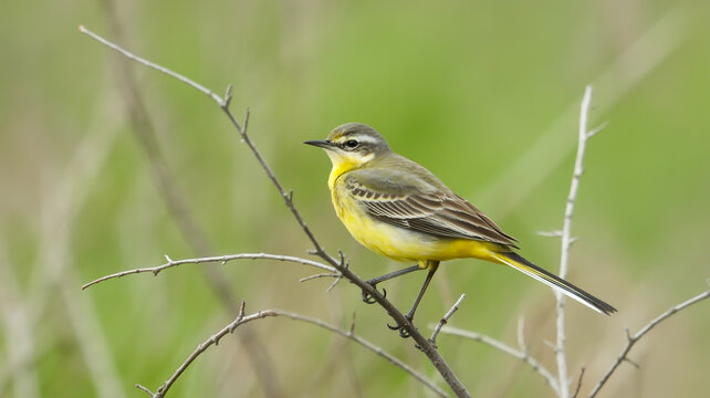 A close-up photograph of a Yellow Wagtail bird perched on a thin brown branch against a soft, blurred green background