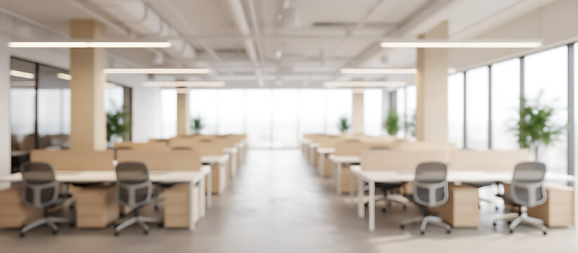 Bright and spacious office space in an unfocused view. Modern blurred background photo for banner, poster or magazine and website background. High quality