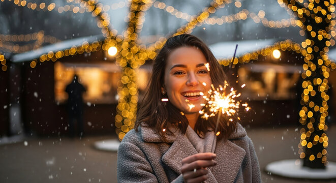Cheerful young woman celebrating winter holidays with sparkler at market