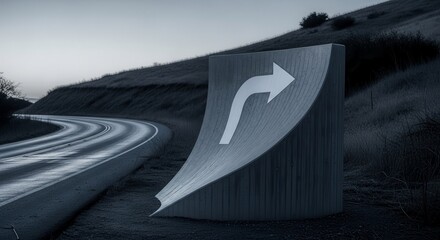 Roadside Sign With Arrow Directs Towards An Unknown Destination At Sunset Time