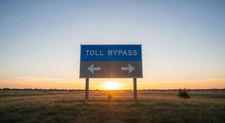 Roadside Signage Directing To Toll Bypass Route At Sunset With Open Skies
