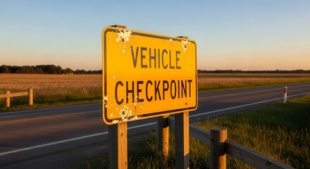 Roadside Vehicle Checkpoint Sign Against Dusk Light Creating An Open Country Setting View