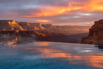 Fototapeta premium Infinity pool reflects orange sunset over grand canyon