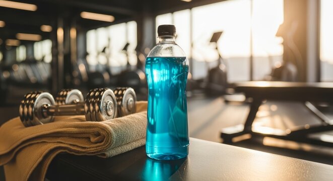 Fitness lifestyle moment displaying a water bottle dumbbells and towel inside a modern training gym - Powered by Adobe