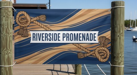 Riverside Promenade Banner On Display With Nautical Design And Water View Aesthetic