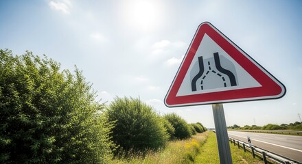 Roadway Alert Sign Indicating Merging Traffic on Beautiful Sunny Day with Green Trees