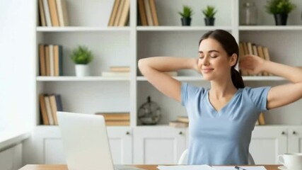 A woman relaxing and stretching her arms behind her head after remote work at a home office desk. Perfect for work-life balance concepts - Powered by Adobe