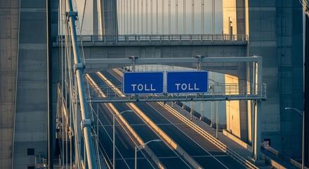Roadway Bridge at Sunset With the Toll Road Signs on the Highway Showing Tolls