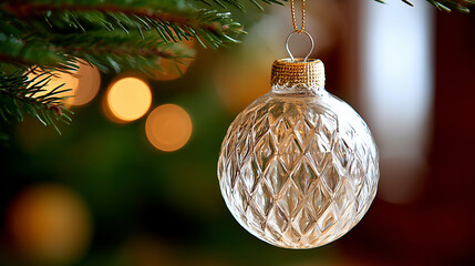 Elegant clear textured glass Christmas ornament hanging from a tree branch with warm festive lights in the background.