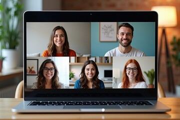 Diverse group of individuals in video calls with personalized backgrounds on laptop screen