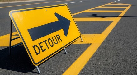 Road Closure Sign Directing Traffic Around Obstruction Using Painted Lines And Arrows