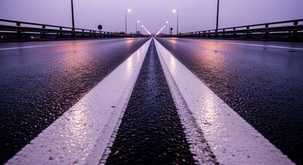 Roadway Perspective: Evening Ride Reflections On Wet Asphalt And Illuminated Streetlights