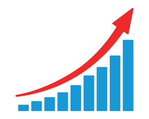 Upward stepping red arrow flat style. Growth bar with blue stairs, step to growth success vector illustration on white. Progress way and forward achievement creative concept. Bar graph of blue bars.