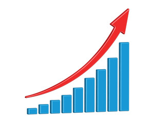 Upward stepping 3D red arrow. Growth bar with blue stairs, step to growth success vector illustration on white. Progress way and forward achievement creative concept. 3D bar graph of blue bars.