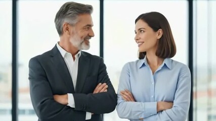 A portrait of a confident senior businessman and young businesswoman, standing with arms crossed. Perfect for corporate mentorship and diversity concepts
