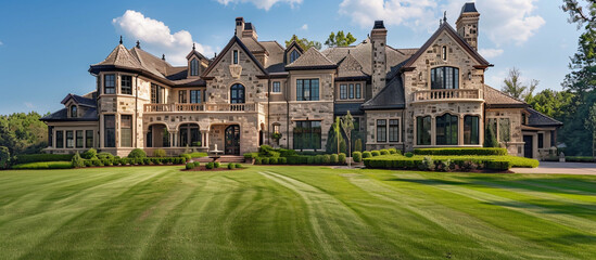 Majestic luxury home exterior featuring elegant stone facade, expansive green lawn, and immaculate landscaping, bathed in natural light.
