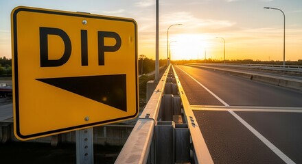 Road Dip Sign Displayed Near Bridge During A Beautiful Sunset With Bright Colors