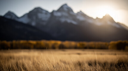 Serene golden meadow at sunrise with softly blurred majestic mountains in the background.
