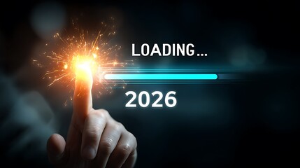 Futuristic Loading Interface with Finger Touch Activating 2026 Progress Bar and Digital Light Effects