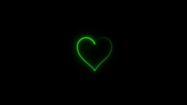 A vibrant neon heart shape glowing brightly on a completely black background, representing love, romance, cardiology, or vibrant emotions in an eye-catching visual effect.