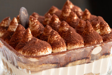 A rectangular glass dish holds a richly layered tiramisu topped with piped mascarpone cream and cocoa powder.