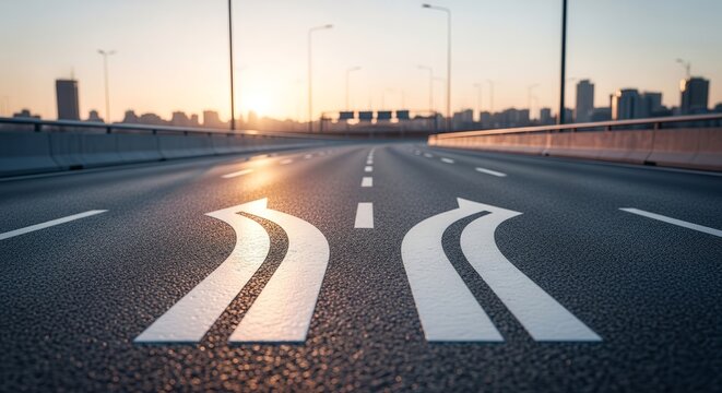 Road Dividers Symbolize Choices and Direction, Navigating Towards Urban Destination or Sunset