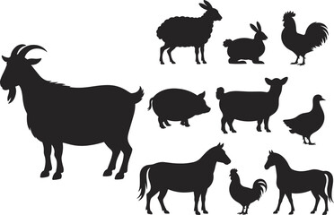 Silhouettes of various farm animals including goats, pigs, sheep, rabbits, chickens, and horses, illustrating farm life and livestock