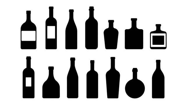 A set of 15 black silhouette wine and liquor bottles arranged in two rows against a white background.