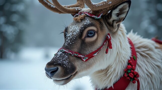 Majestic reindeer in a snowy winter forest wearing a festive red Christmas bridle, close-up.