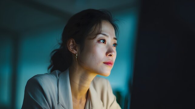 Young asian businesswoman working late at night illuminated by screen light - Powered by Adobe