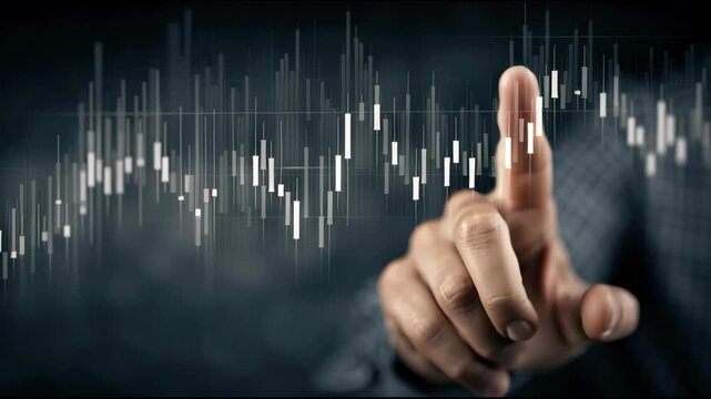 Finger touching digital chart with fixed income investment data visualized as glowing candlestick graph, financial chart showing market analysis
