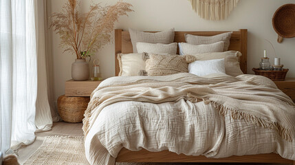 Minimalist Nomadic Bedroom with Natural Wood Bedframe