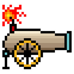 Cannon with pixel art on isolated white background
