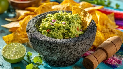 Delicious guacamole with tortilla chips, lime, and cilantro, ready for eating