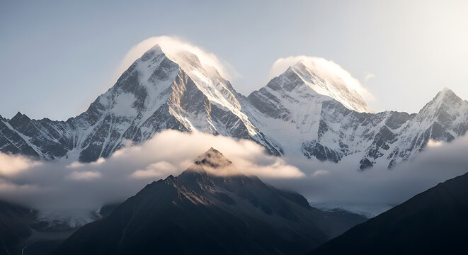 Majestic snow-capped mountains emerge through soft clouds at sunrise, evoking a sense of awe and adventure. - Powered by Adobe