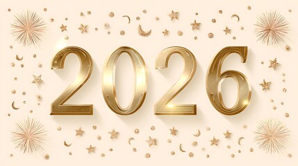 3D White-Cream 2026 Numbers with Gold Outlines and Metallic Stars on Light Beige Background