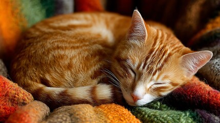 A ginger tabby cat is curled up asleep on a colorful knitted blanket, its eyes closed and its paws tucked in, looking peaceful and content