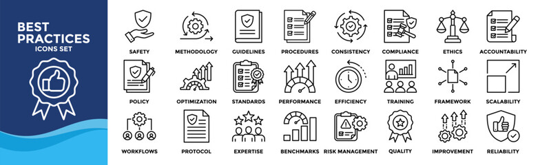 Best practices icon set. Containing workflow, guidelines, performance, standards, improvement, protocols, procedures and methodology.