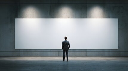 Obraz premium Businessman standing in front of large blank white projection screen with copy space