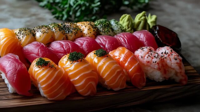 Array of nigiri sushi on wood board with tuna, salmon, shrimp, & roe