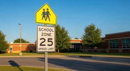 School Zone Sign Displaying Speed Limit On Neighborhood Street On Sunny Day